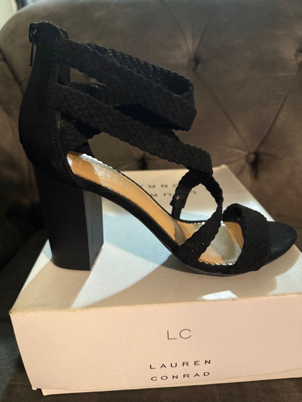 LC Lauren Conrad Black Braided Strappy Block Heel Sandals